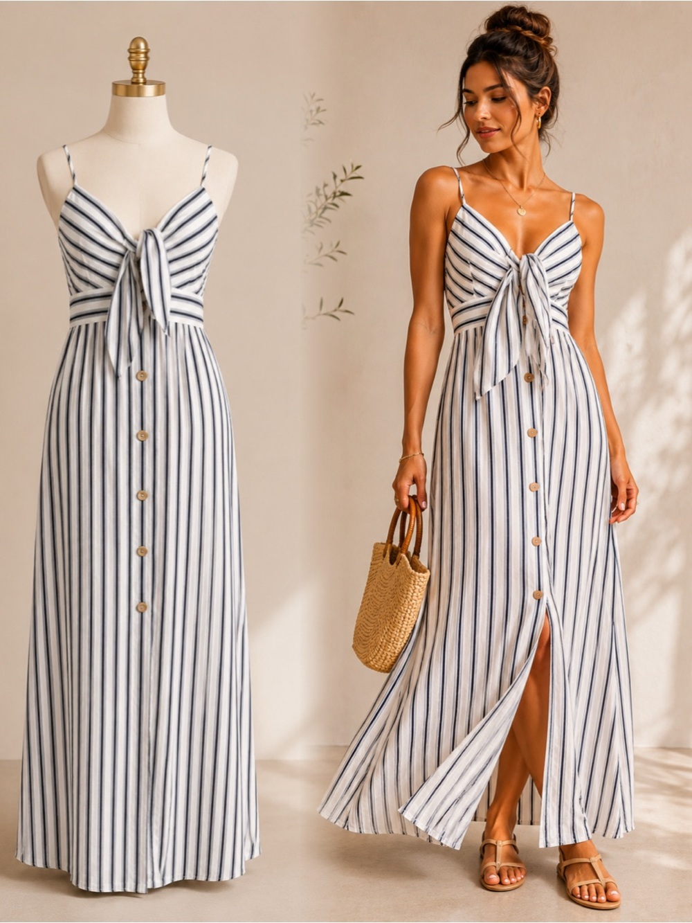 Iris Basic White Maxi Dress with Navy Stripes